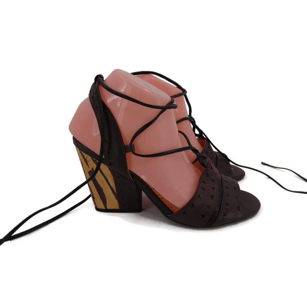 Anthropologie Faryl Robin Caley Lace Up Ankle Tie Heels 9.5 Chunky Heel Laser - Picture 2 of 13